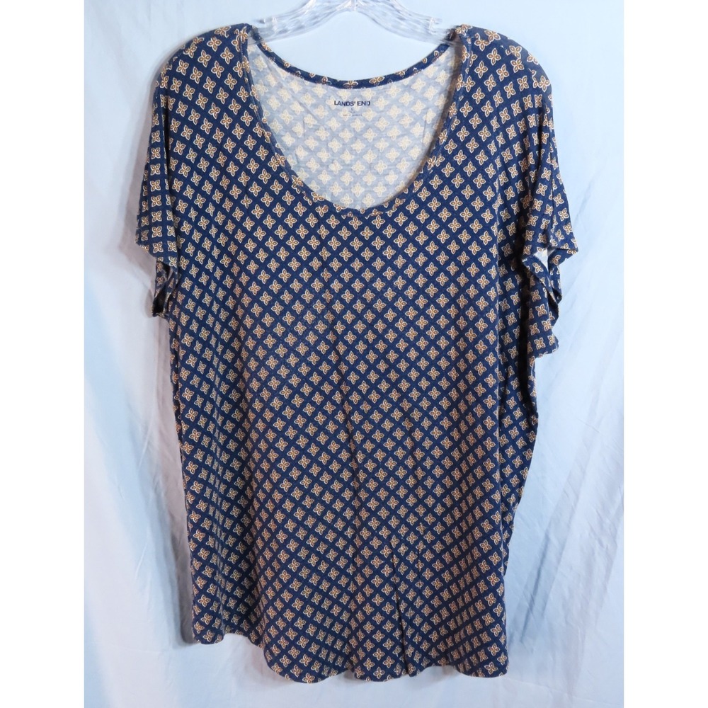 LANDS' END Soft Knit Blouse Shirt Top NAVY BLUE PETAL PRINT Scoop Neck Relaxed L